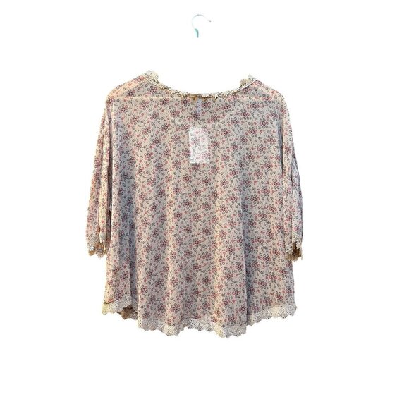 Vintage Free People M Calico Print Sheer Blouse Lace Trim Beige - Picture 7 of 7